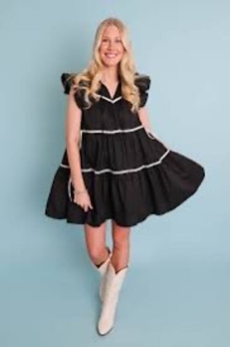 Entro Women’s Black Tiered Mini Dress Lace Trim Ruffle Sleeve Button Front Sz M